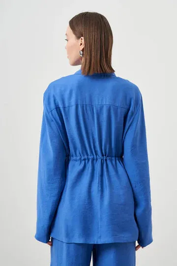 Mizalle Cinched Waist Shirt Jacket Blue Apparel - Blue