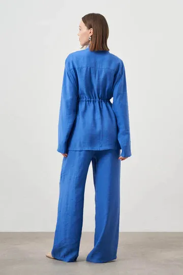 Mizalle Cinched Waist Shirt Jacket Blue Apparel - Blue