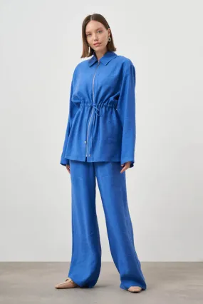 Mizalle Cinched Waist Shirt Jacket Blue Apparel - Blue