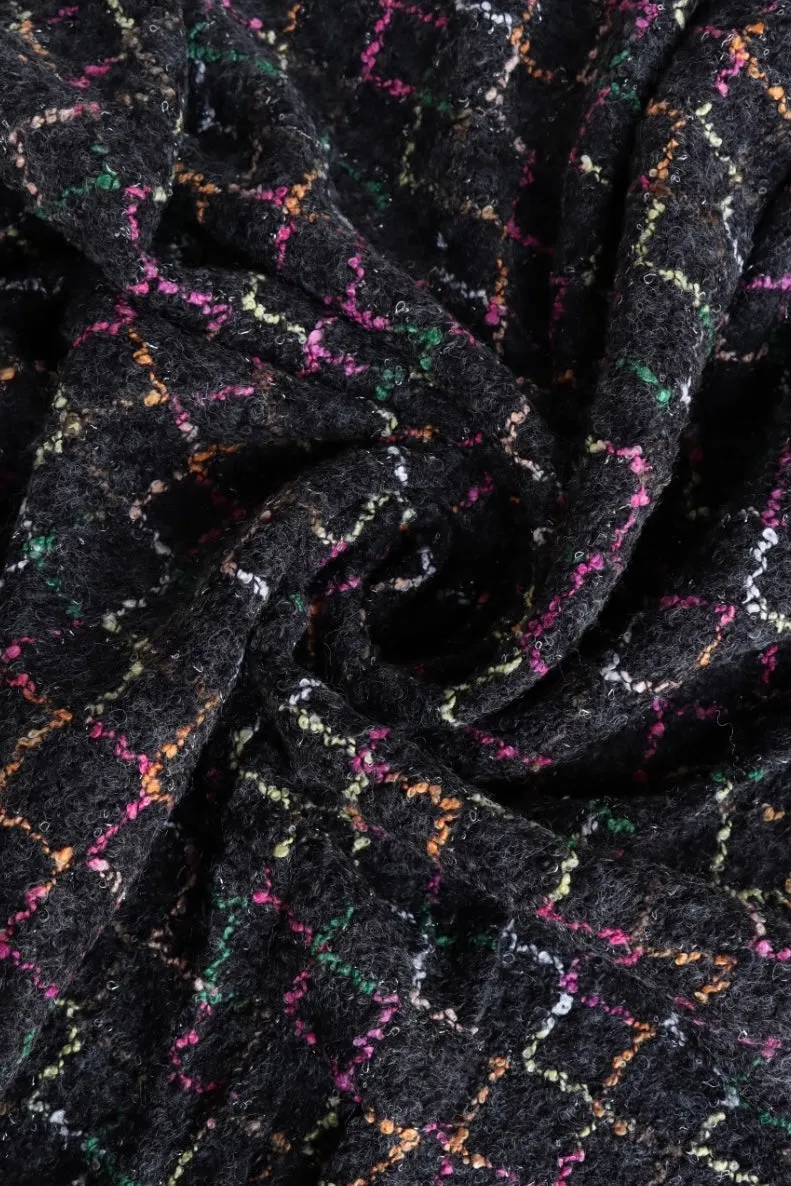 Multicolor Argyle on Black Wool Boucle Sweater Knit | By The Half Yard