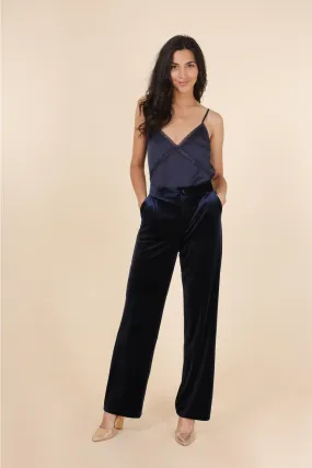 Navy Straight Cut High Waist Velvet Pants