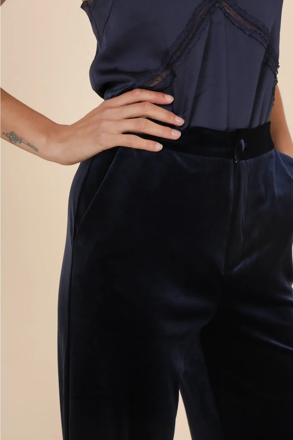 Navy Straight Cut High Waist Velvet Pants