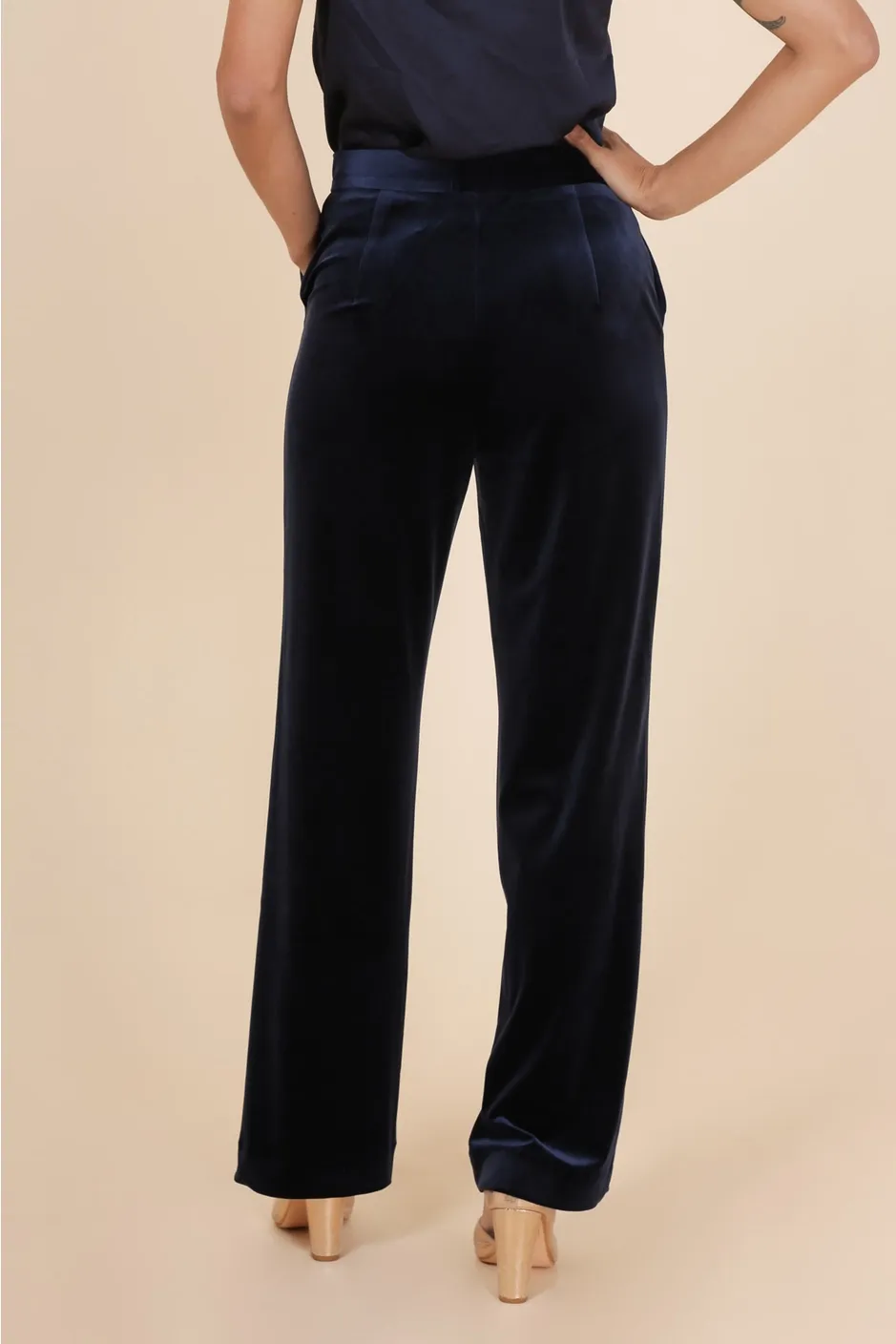 Navy Straight Cut High Waist Velvet Pants