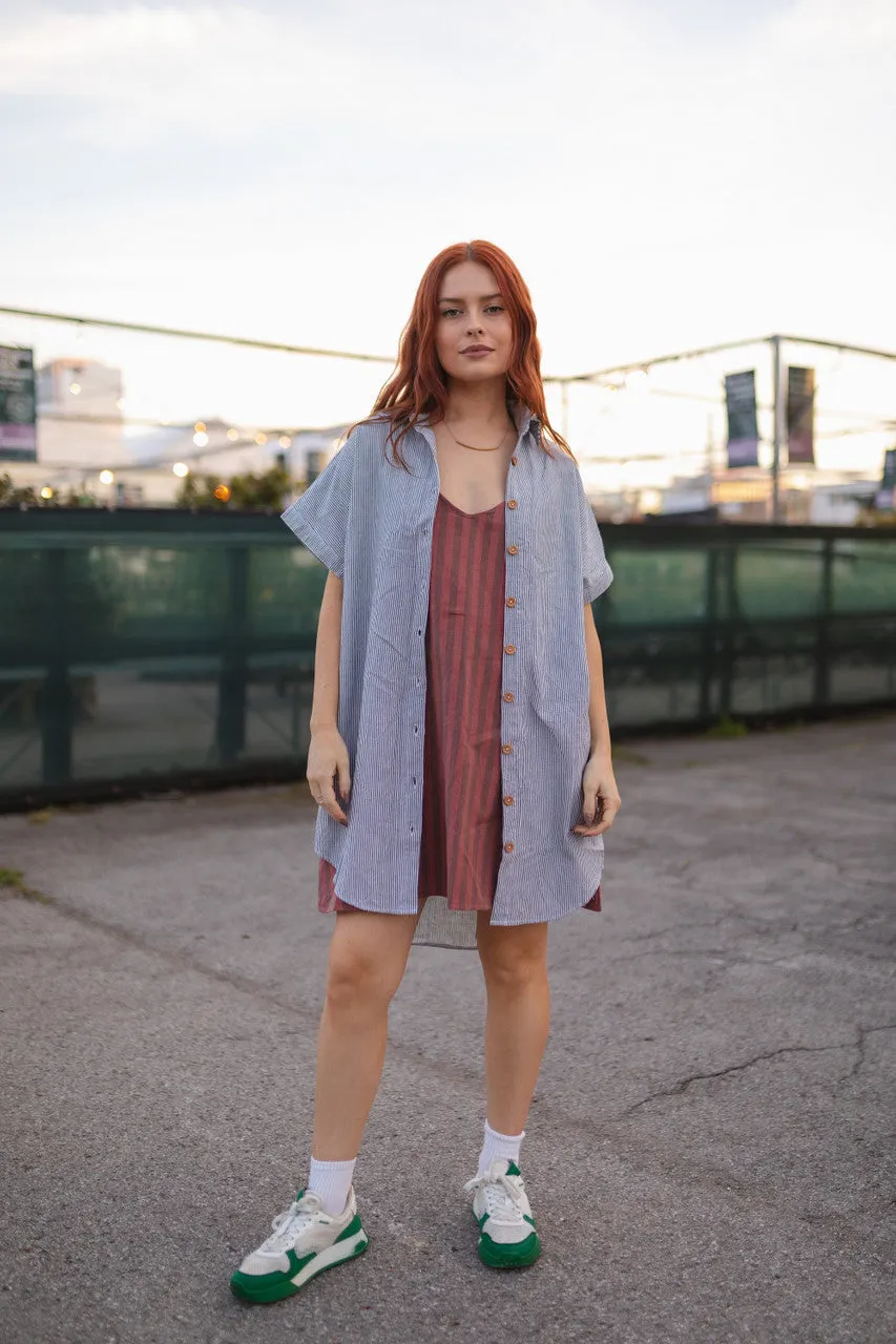 Paige Handwoven Cotton Relaxed Shirt Dress in Blue and White Pin-Stripe Made to Order