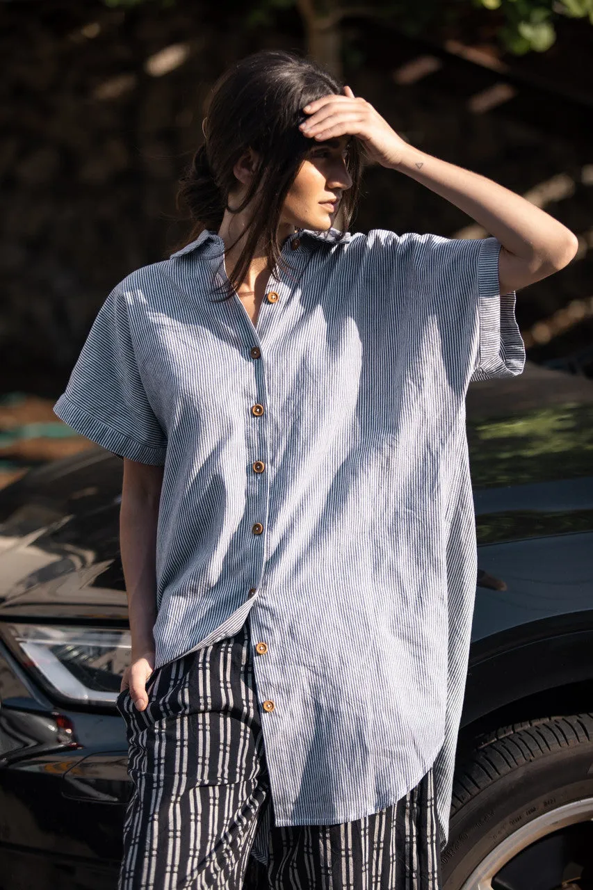 Paige Handwoven Cotton Relaxed Shirt Dress in Blue and White Pin-Stripe Made to Order