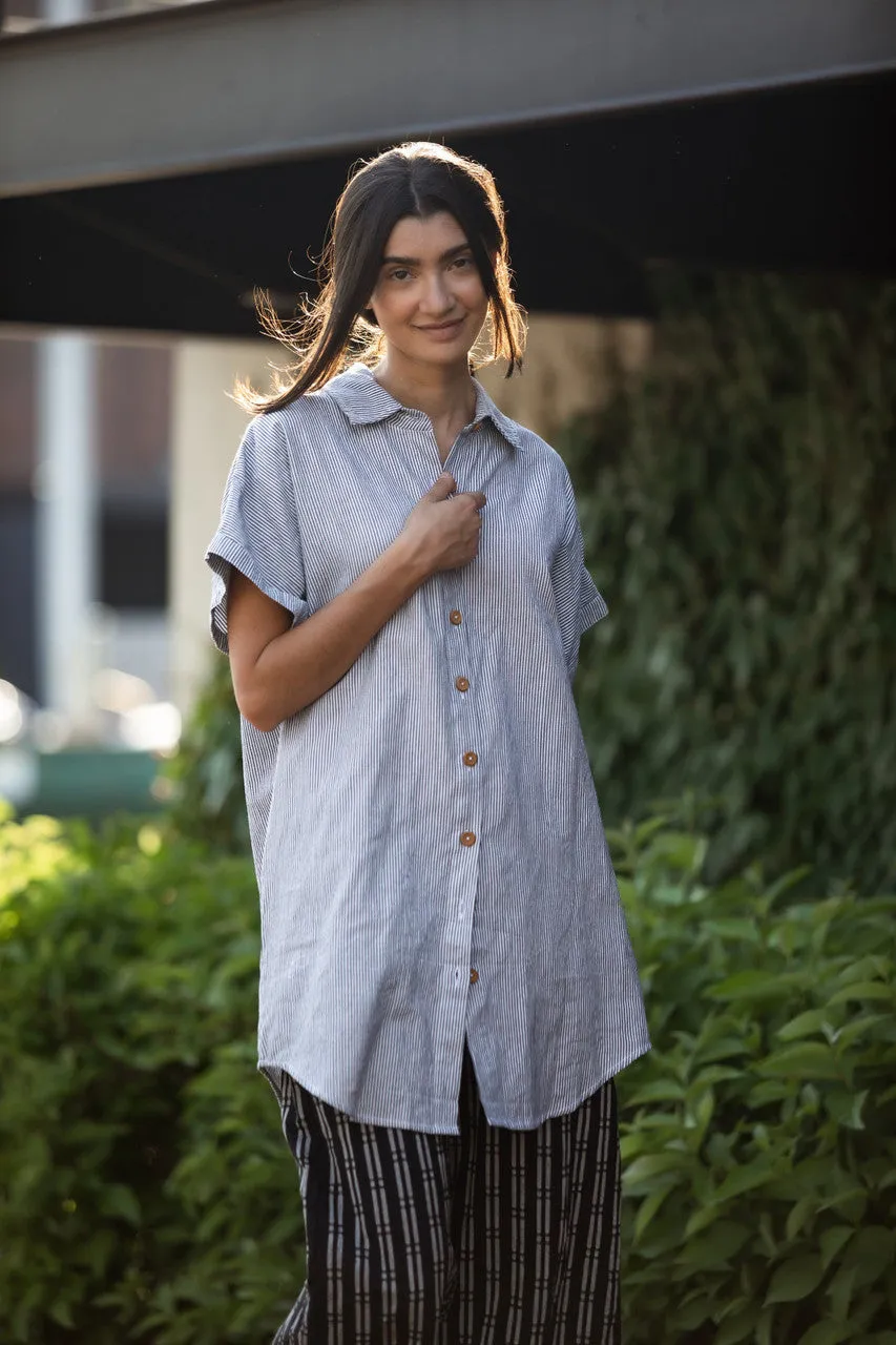 Paige Handwoven Cotton Relaxed Shirt Dress in Blue and White Pin-Stripe Made to Order