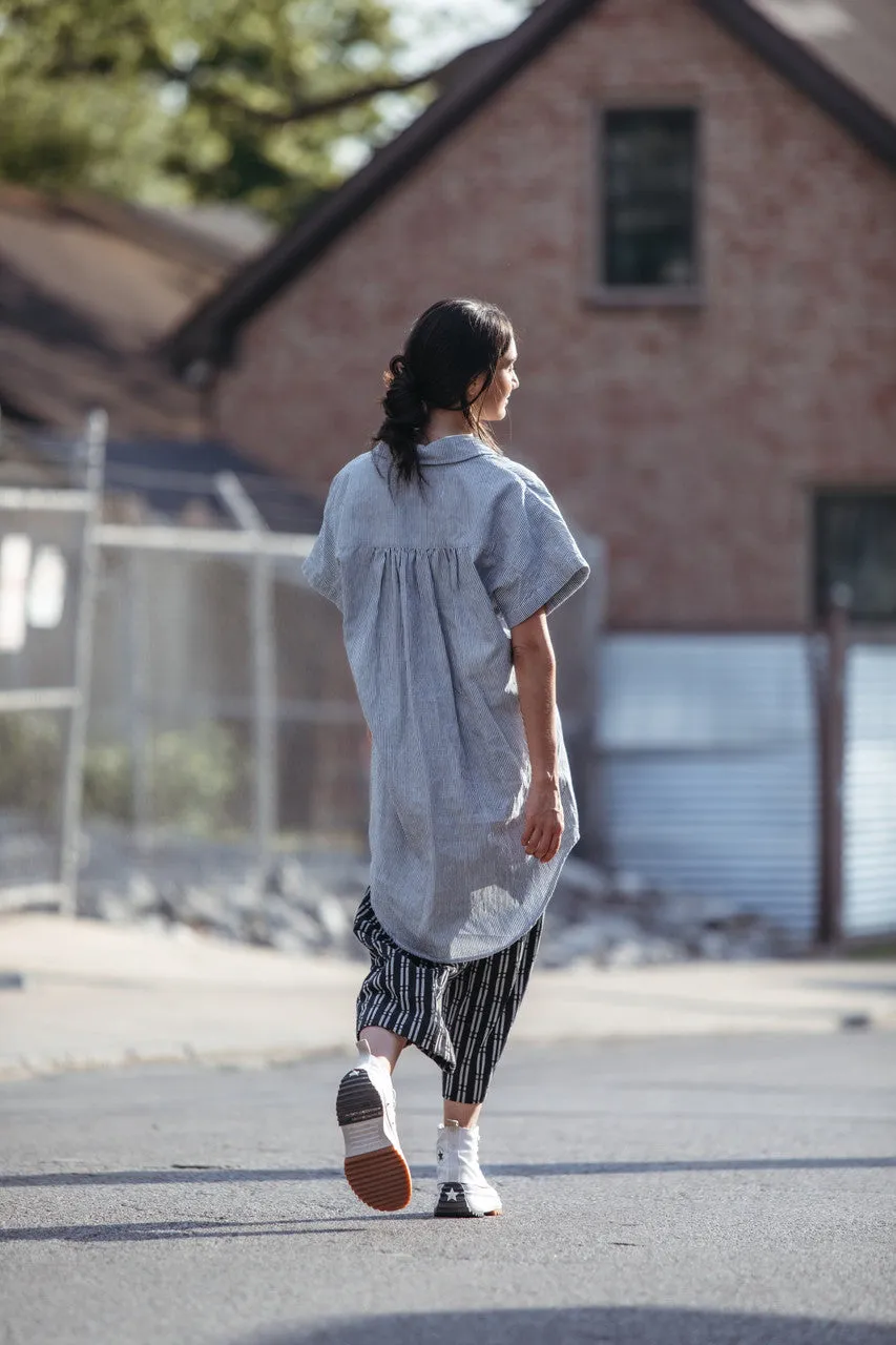 Paige Handwoven Cotton Relaxed Shirt Dress in Blue and White Pin-Stripe Made to Order