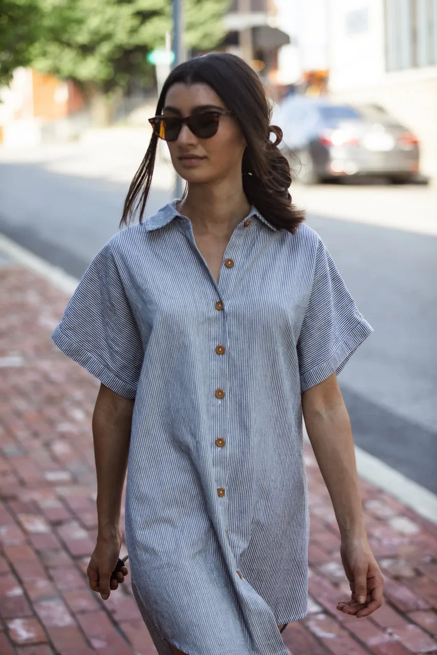 Paige Handwoven Cotton Relaxed Shirt Dress in Blue and White Pin-Stripe Made to Order