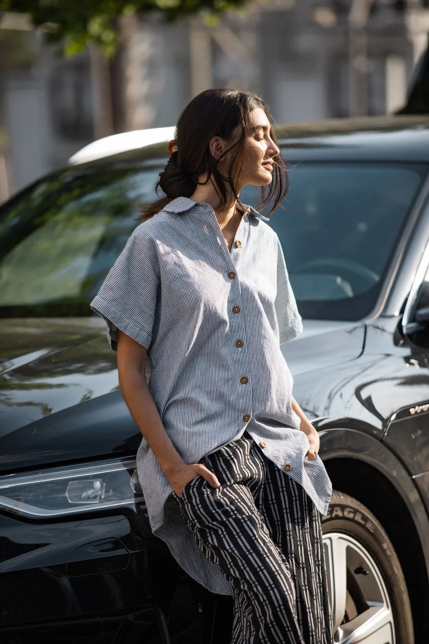 Paige Handwoven Cotton Relaxed Shirt Dress in Blue and White Pin-Stripe Made to Order