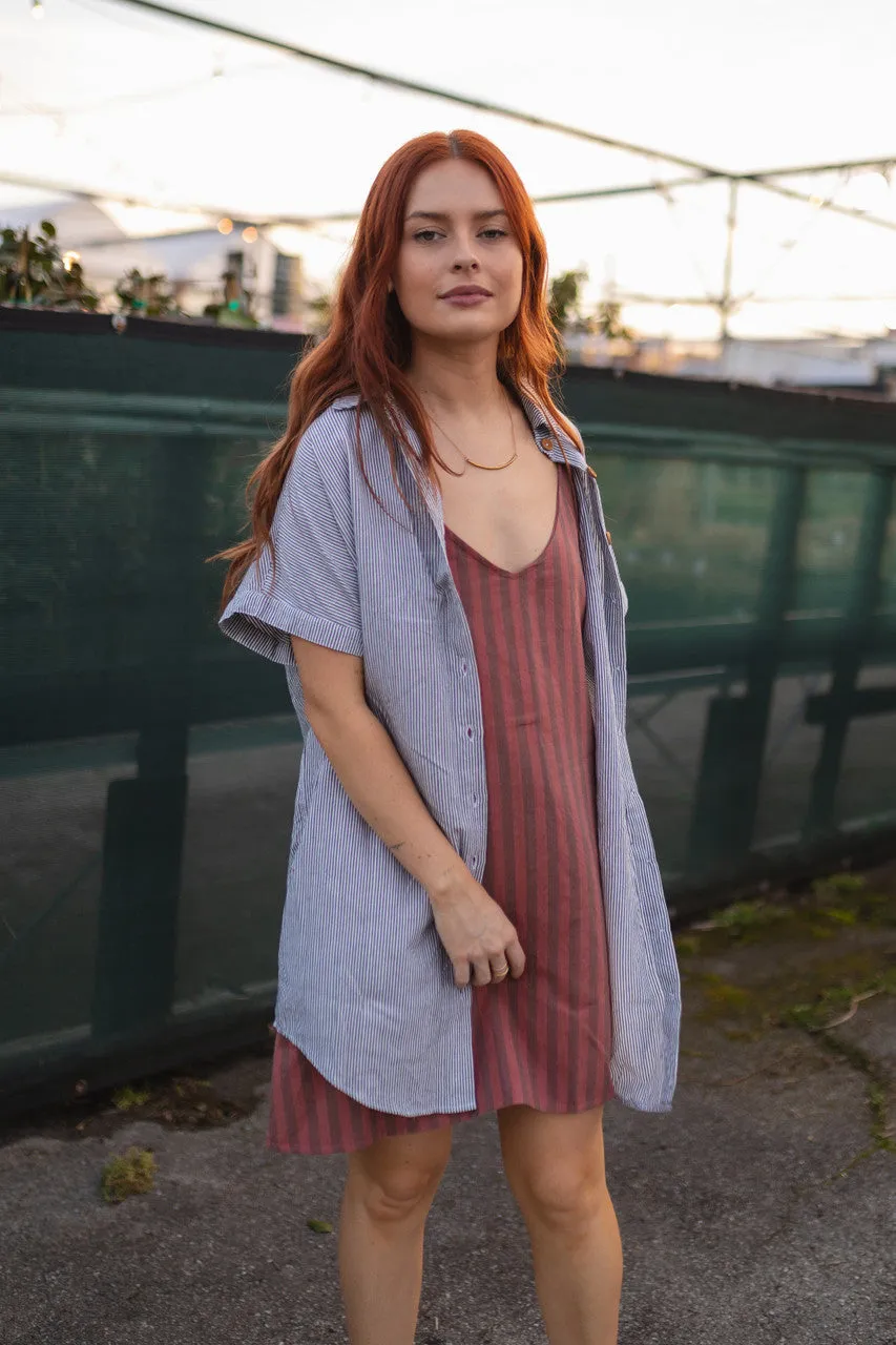 Paige Handwoven Cotton Relaxed Shirt Dress in Blue and White Pin-Stripe Made to Order