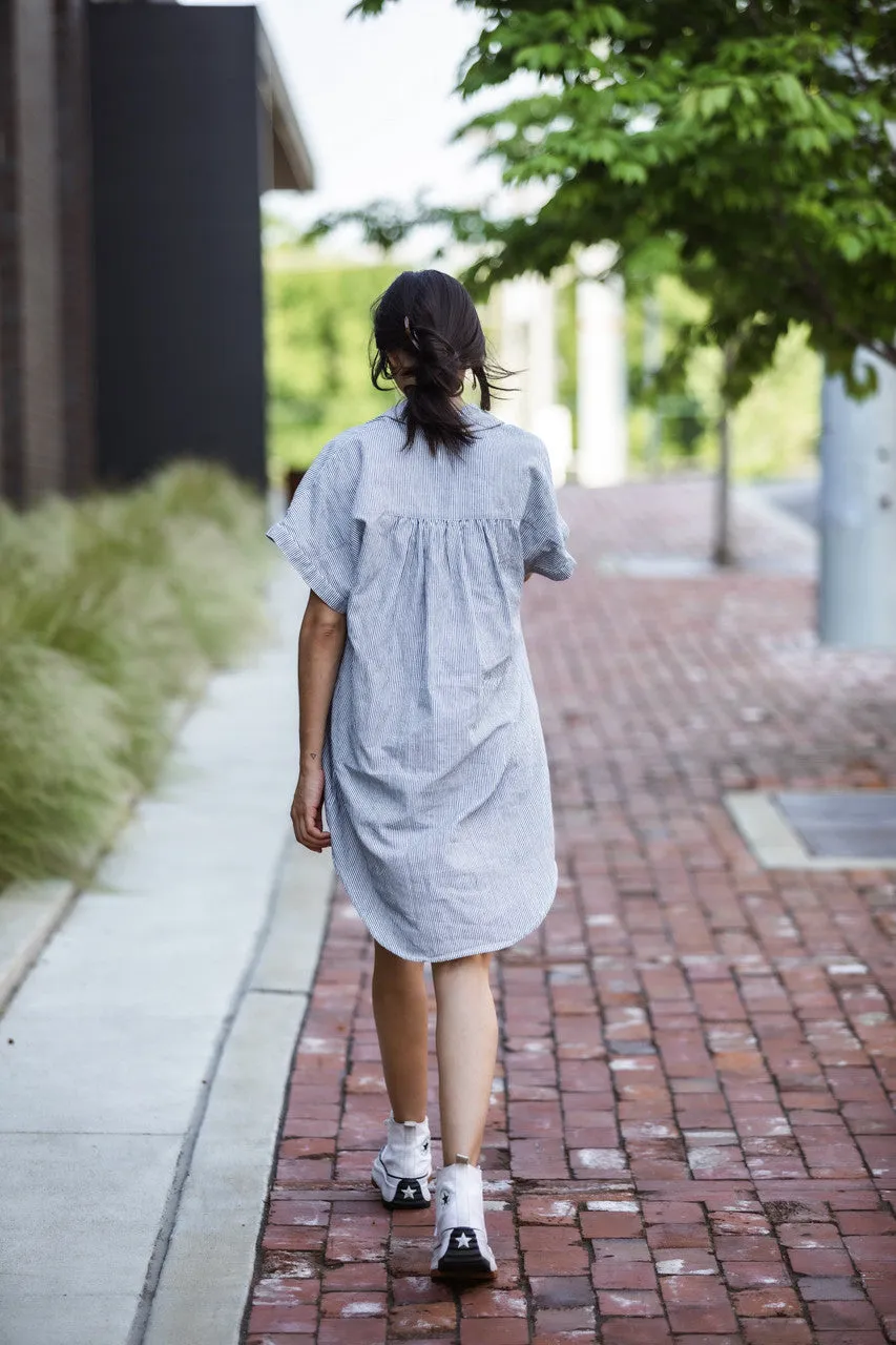 Paige Handwoven Cotton Relaxed Shirt Dress in Blue and White Pin-Stripe Made to Order