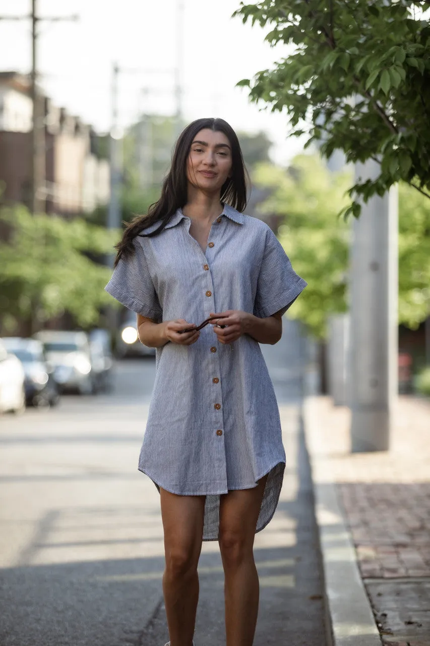 Paige Handwoven Cotton Relaxed Shirt Dress in Blue and White Pin-Stripe Made to Order