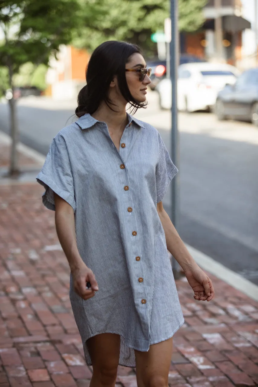 Paige Handwoven Cotton Relaxed Shirt Dress in Blue and White Pin-Stripe Made to Order