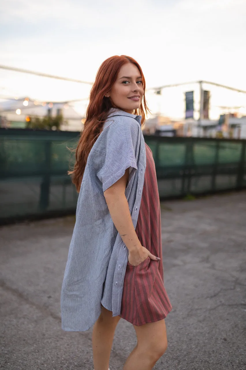 Paige Handwoven Cotton Relaxed Shirt Dress in Blue and White Pin-Stripe Made to Order