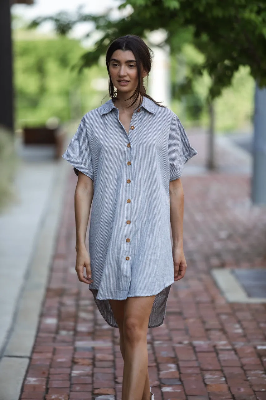 Paige Handwoven Cotton Relaxed Shirt Dress in Blue and White Pin-Stripe Made to Order