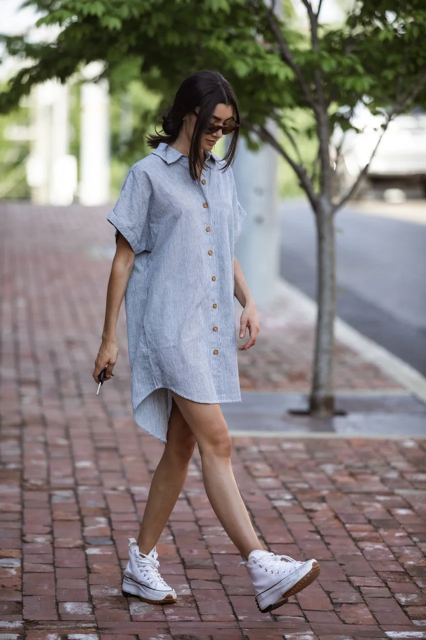 Paige Handwoven Cotton Relaxed Shirt Dress in Blue and White Pin-Stripe Made to Order