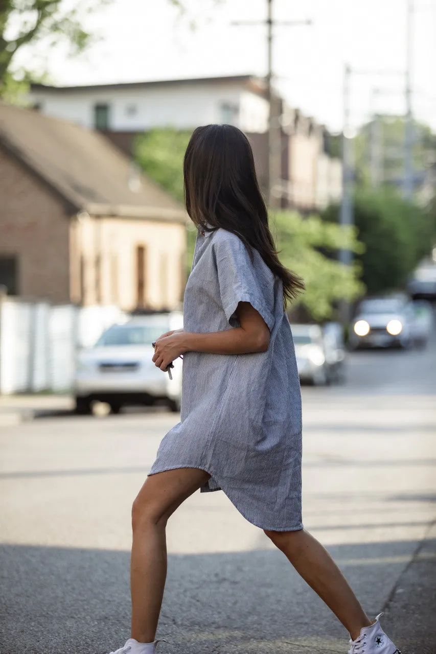 Paige Handwoven Cotton Relaxed Shirt Dress in Blue and White Pin-Stripe Made to Order