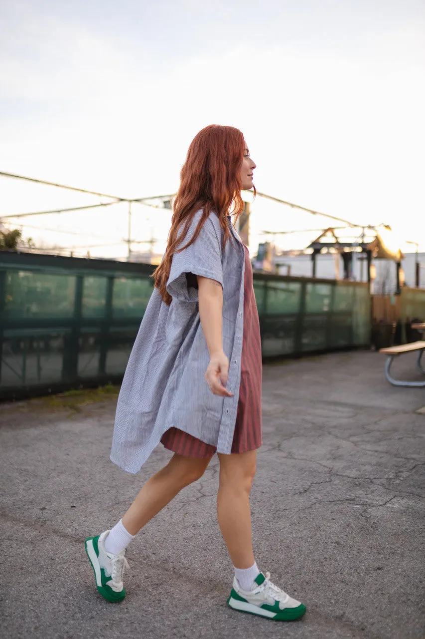 Paige Handwoven Cotton Relaxed Shirt Dress in Blue and White Pin-Stripe Made to Order