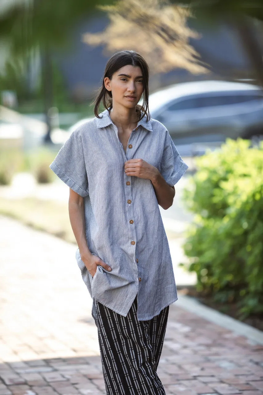 Paige Handwoven Cotton Relaxed Shirt Dress in Blue and White Pin-Stripe Made to Order