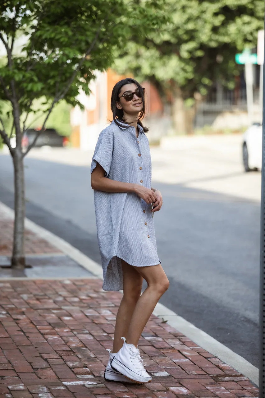 Paige Handwoven Cotton Relaxed Shirt Dress in Blue and White Pin-Stripe Made to Order