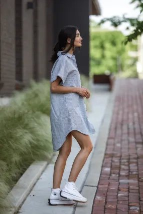 Paige Handwoven Cotton Relaxed Shirt Dress in Blue and White Pin-Stripe Made to Order