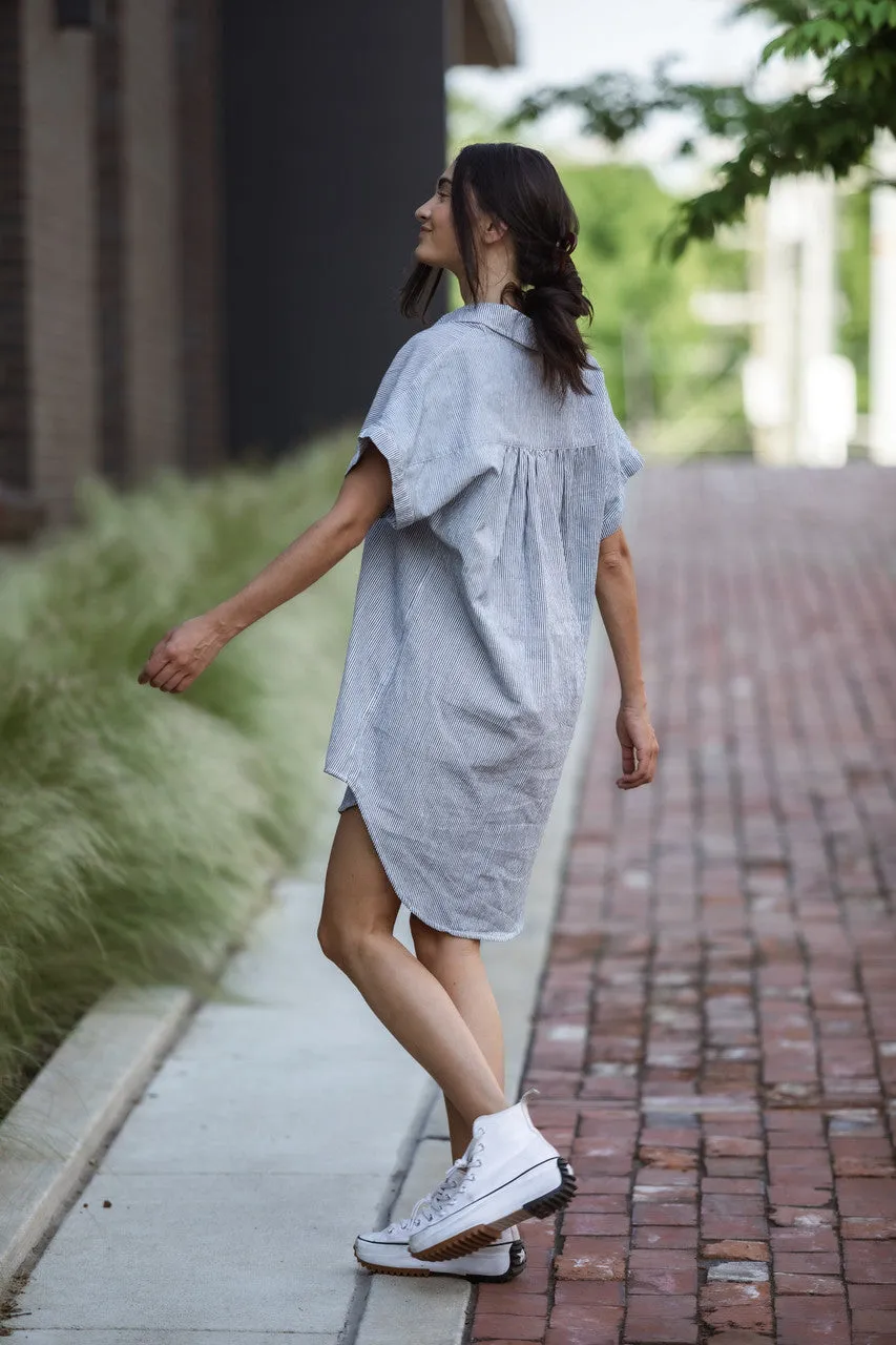 Paige Handwoven Cotton Relaxed Shirt Dress in Blue and White Pin-Stripe Made to Order
