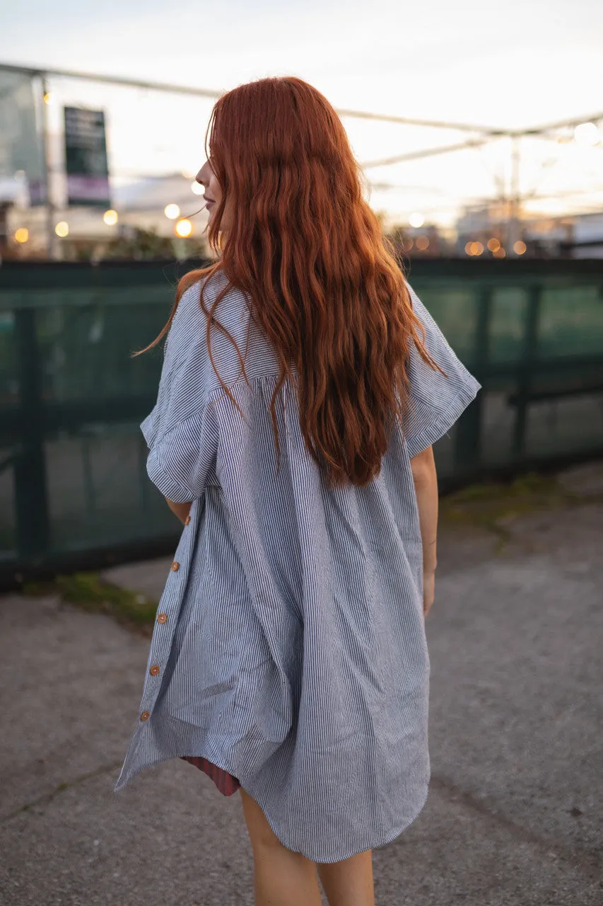 Paige Handwoven Cotton Relaxed Shirt Dress in Blue and White Pin-Stripe Made to Order
