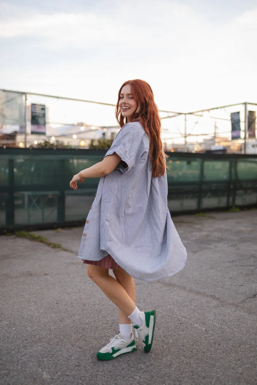 Paige Handwoven Cotton Relaxed Shirt Dress in Blue and White Pin-Stripe Made to Order