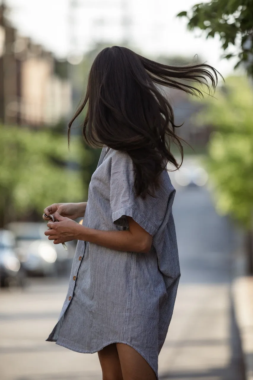 Paige Handwoven Cotton Relaxed Shirt Dress in Blue and White Pin-Stripe Made to Order