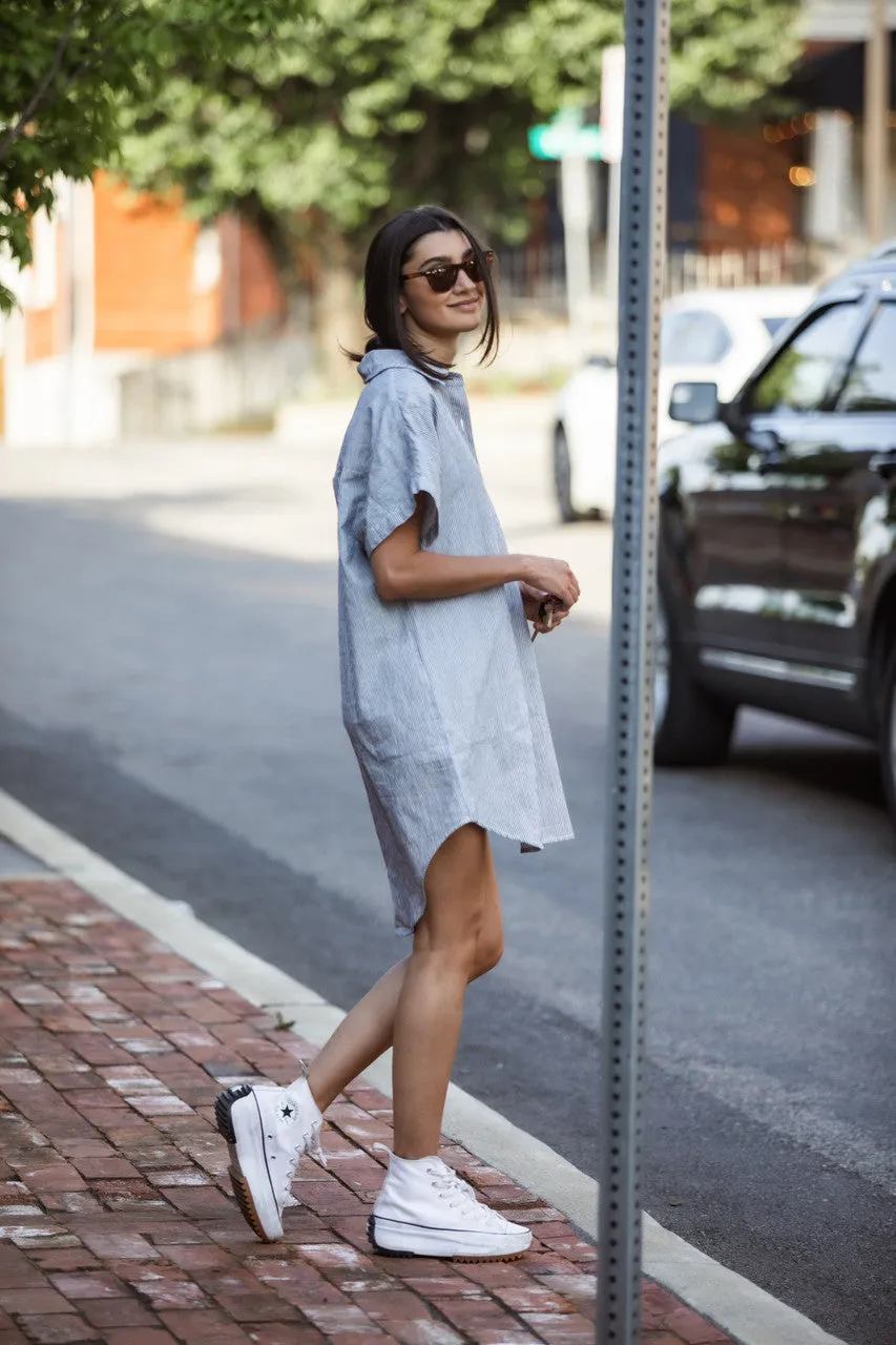 Paige Handwoven Cotton Relaxed Shirt Dress in Blue and White Pin-Stripe Made to Order