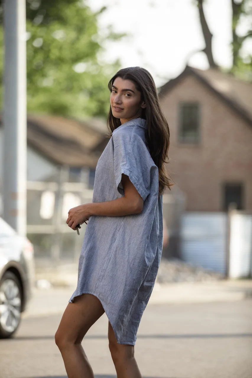 Paige Handwoven Cotton Relaxed Shirt Dress in Blue and White Pin-Stripe Made to Order