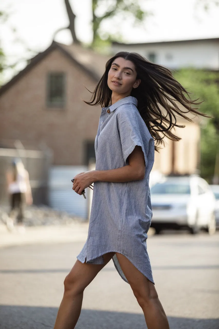 Paige Handwoven Cotton Relaxed Shirt Dress in Blue and White Pin-Stripe Made to Order