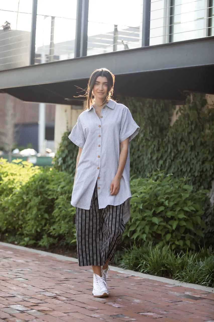 Paige Handwoven Cotton Relaxed Shirt Dress in Blue and White Pin-Stripe Made to Order