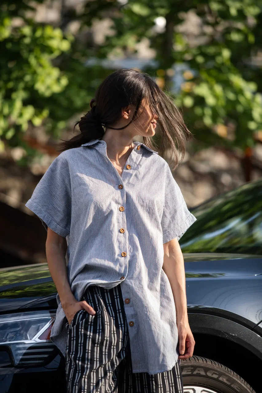 Paige Handwoven Cotton Relaxed Shirt Dress in Blue and White Pin-Stripe Made to Order