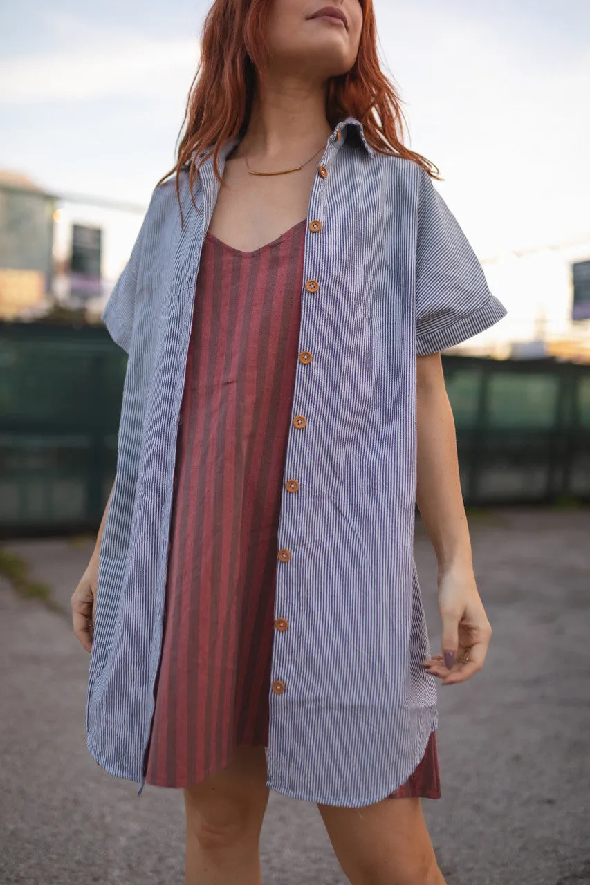 Paige Handwoven Cotton Relaxed Shirt Dress in Blue and White Pin-Stripe Made to Order