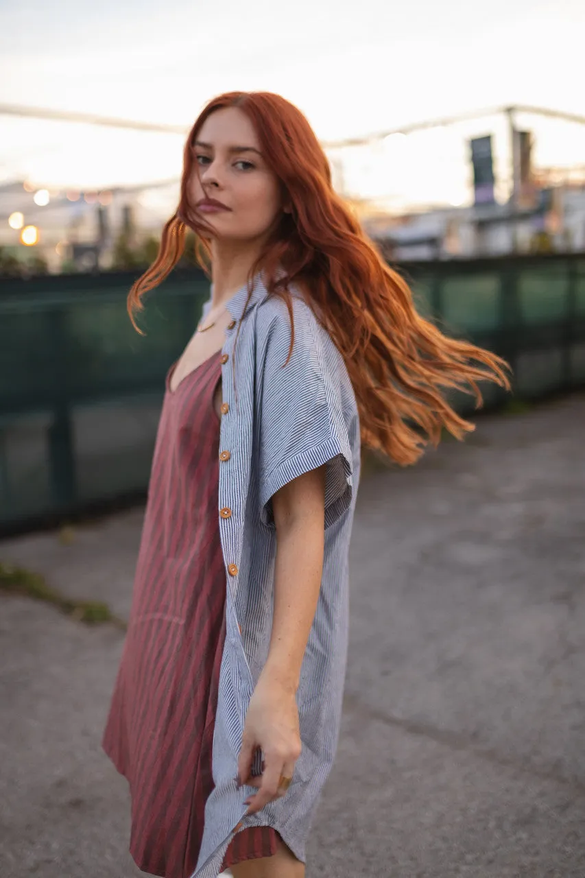 Paige Handwoven Cotton Relaxed Shirt Dress in Blue and White Pin-Stripe Made to Order