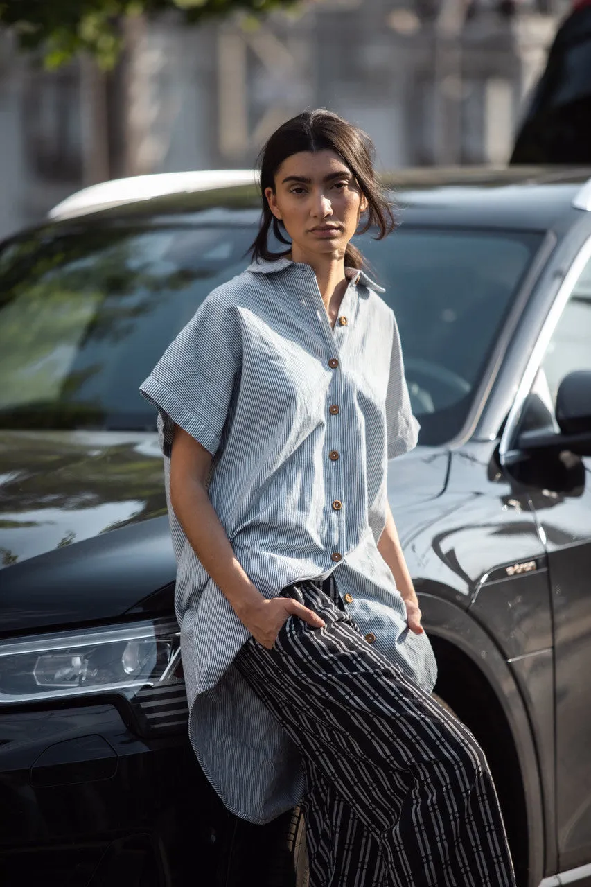 Paige Handwoven Cotton Relaxed Shirt Dress in Blue and White Pin-Stripe Made to Order
