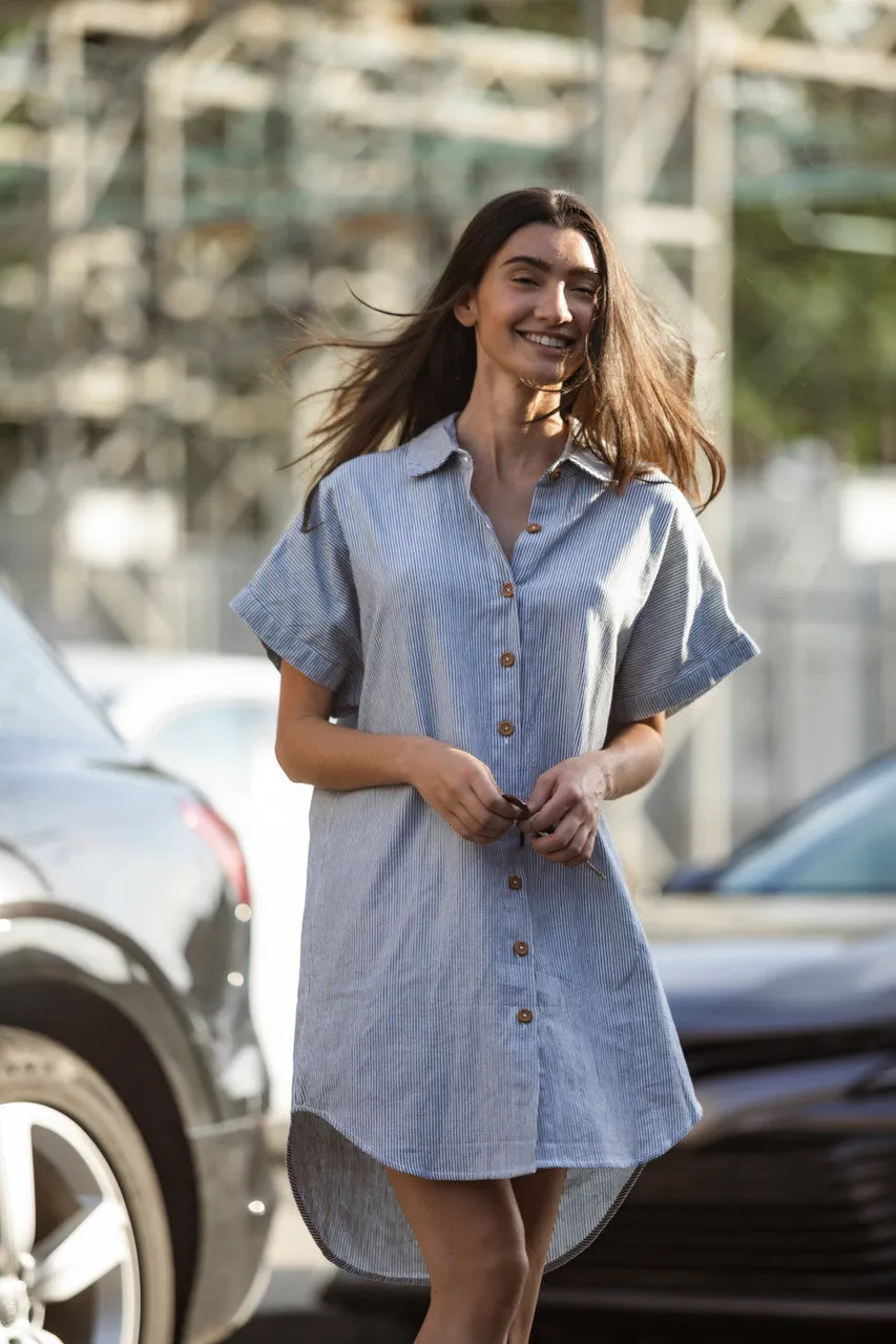 Paige Handwoven Cotton Relaxed Shirt Dress in Blue and White Pin-Stripe Made to Order