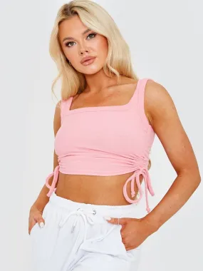 Pink Ribbed Cropped Ruched Crop Top Vest