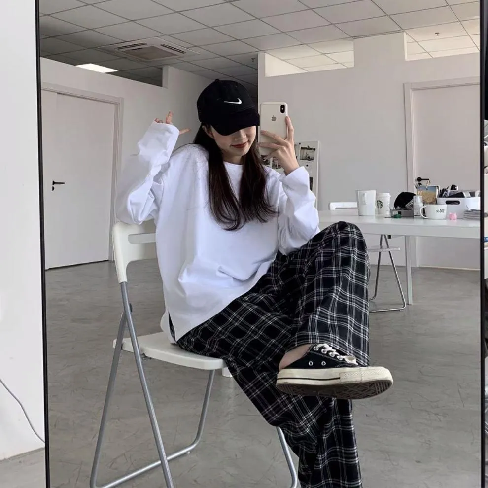 Popular Chequered Pants Women Korean ins Vintage Black Loose High Waist Casual Straight Pants