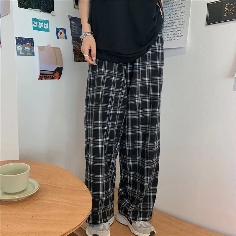 Popular Chequered Pants Women Korean ins Vintage Black Loose High Waist Casual Straight Pants