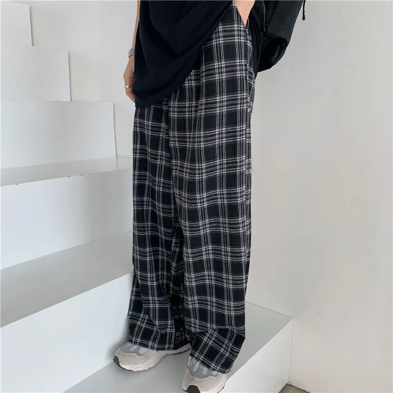 Popular Chequered Pants Women Korean ins Vintage Black Loose High Waist Casual Straight Pants