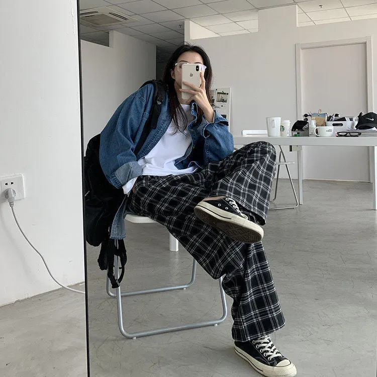 Popular Chequered Pants Women Korean ins Vintage Black Loose High Waist Casual Straight Pants