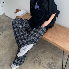 Popular Chequered Pants Women Korean ins Vintage Black Loose High Waist Casual Straight Pants