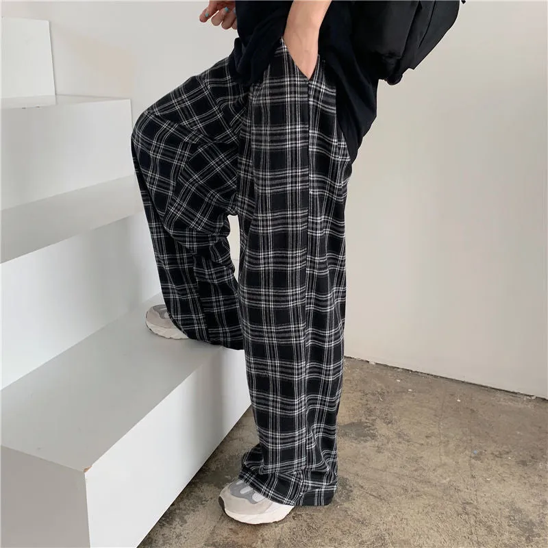 Popular Chequered Pants Women Korean ins Vintage Black Loose High Waist Casual Straight Pants
