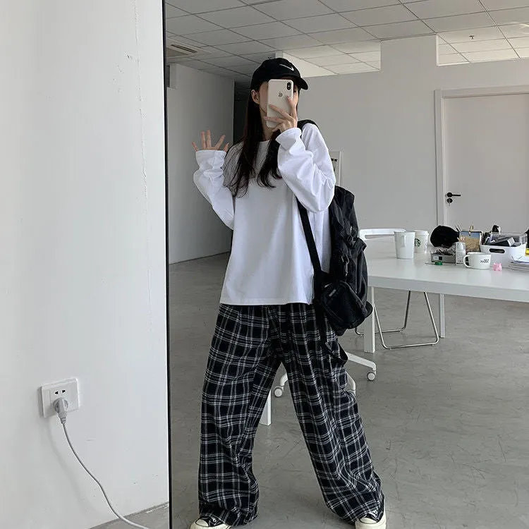 Popular Chequered Pants Women Korean ins Vintage Black Loose High Waist Casual Straight Pants