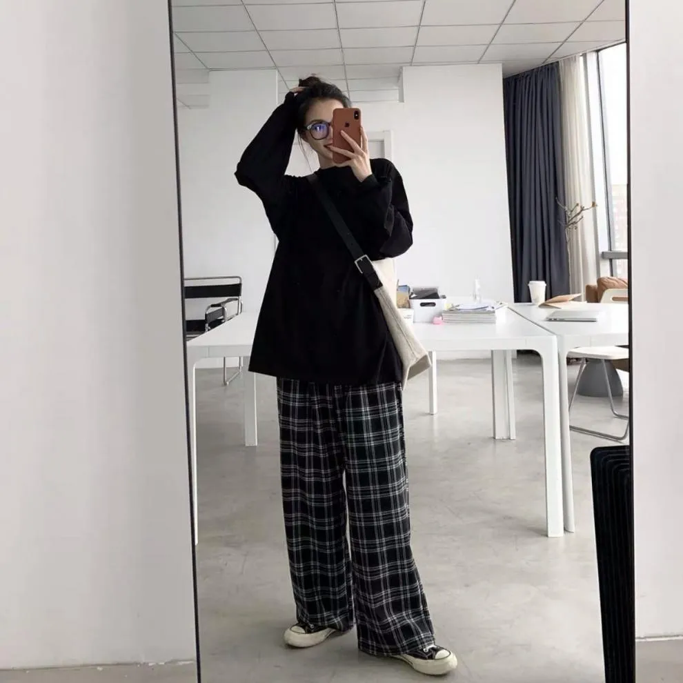 Popular Chequered Pants Women Korean ins Vintage Black Loose High Waist Casual Straight Pants