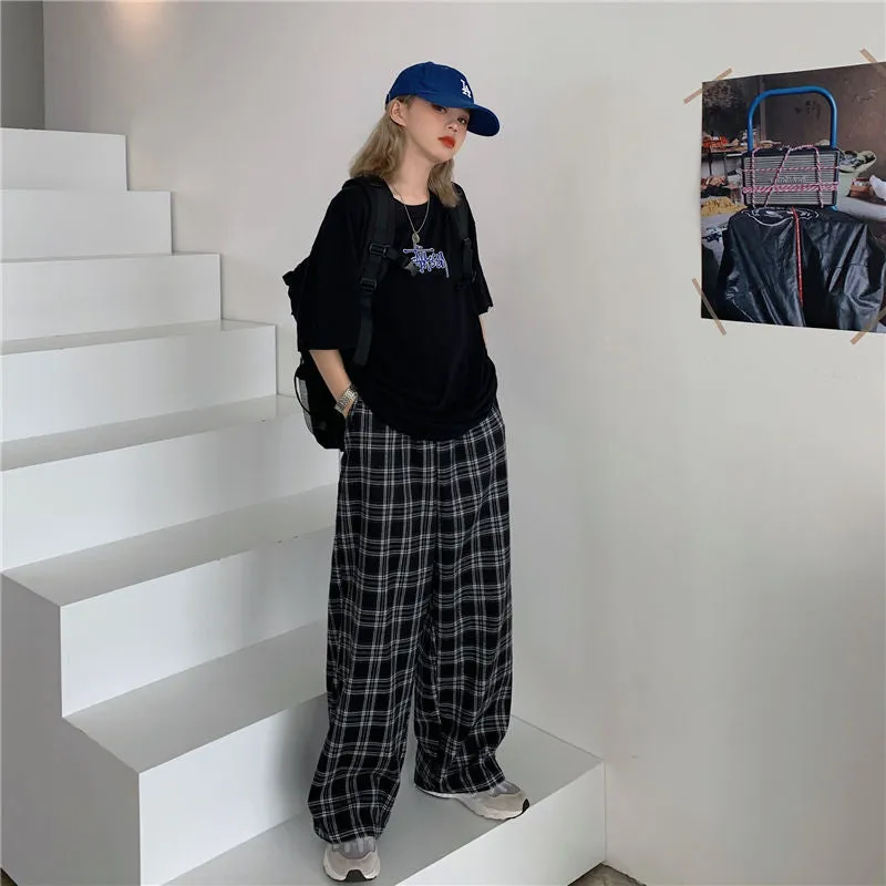 Popular Chequered Pants Women Korean ins Vintage Black Loose High Waist Casual Straight Pants