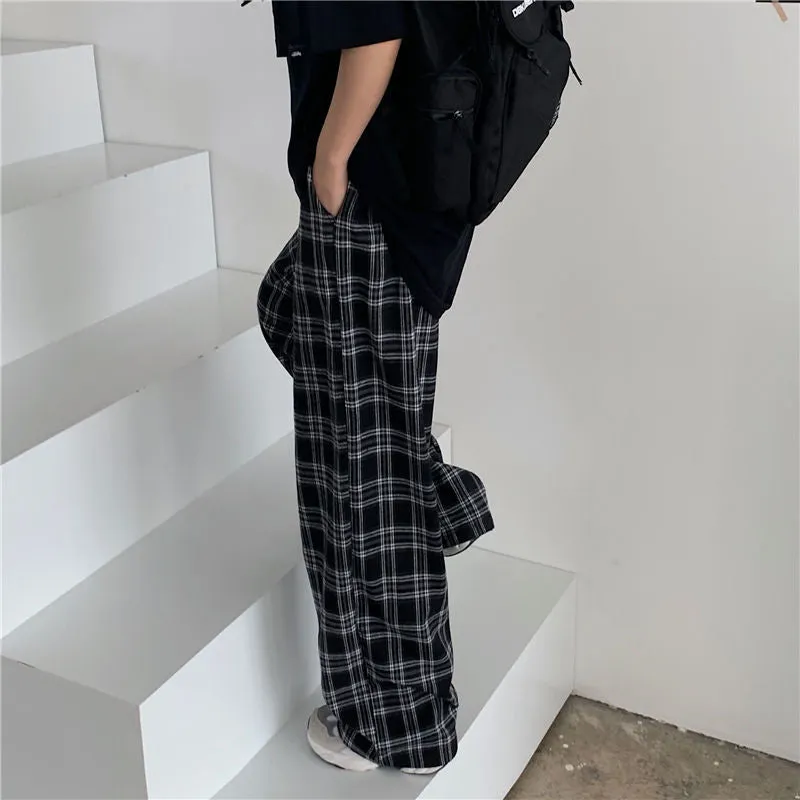 Popular Chequered Pants Women Korean ins Vintage Black Loose High Waist Casual Straight Pants