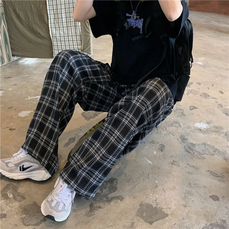 Popular Chequered Pants Women Korean ins Vintage Black Loose High Waist Casual Straight Pants